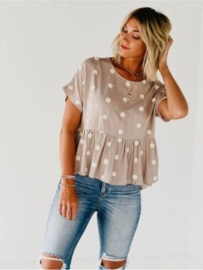 Bohme Polka Dot Peplum Short Sleeve Top - Taupe/White